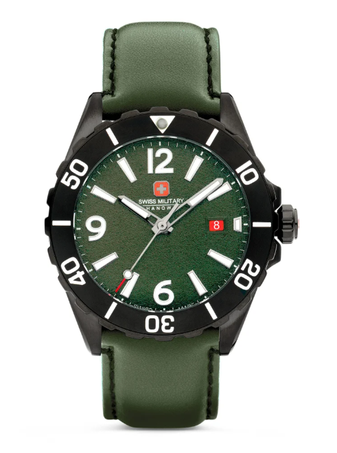 SWISS MILITARY HANOWA Men's Swiss Military Carbon Peak Watch For Men With Green Leather Strap 44mm 10ATM - SMWGB0000251