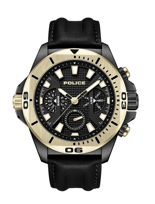 POLICE Electrical 46mm Men's Multifunction Watch with Black Leather Strap