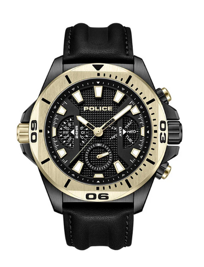 POLICE Electrical 46mm Men's Multifunction Watch with Black Leather Strap