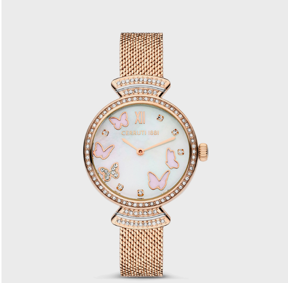 CERRUTI 1881 Round Analog Dial Rose Gold Stainless Steel 5 ATM Watch with Push Button Deployment Buckle - 30mm