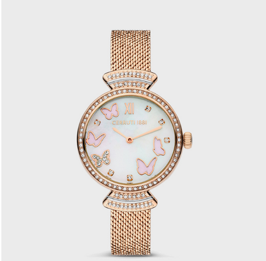 CERRUTI 1881 Round Analog Dial Rose Gold Stainless Steel 5 ATM Watch with Push Button Deployment Buckle - 30mm