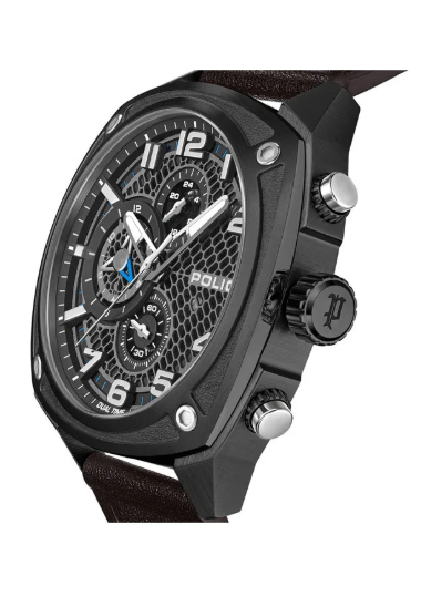 Men's Portland Black Dial Dark Brown Blue Silicone Straps Multifunction Watch for Men - 44.5mm
