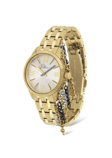 POLICE Share & Earn Police Vantaa Women's Analog Quartz Watch with Silver Dial and Gold Plated Stainless Steel Bracelet