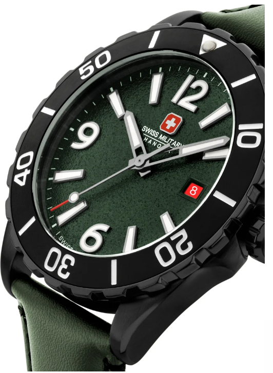 SWISS MILITARY HANOWA Men's Swiss Military Carbon Peak Watch For Men With Green Leather Strap 44mm 10ATM - SMWGB0000251