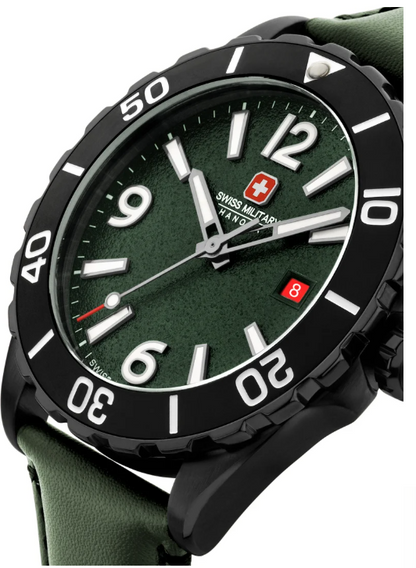 SWISS MILITARY HANOWA Men's Swiss Military Carbon Peak Watch For Men With Green Leather Strap 44mm 10ATM - SMWGB0000251