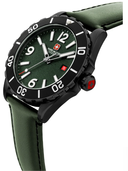 SWISS MILITARY HANOWA Men's Swiss Military Carbon Peak Watch For Men With Green Leather Strap 44mm 10ATM - SMWGB0000251