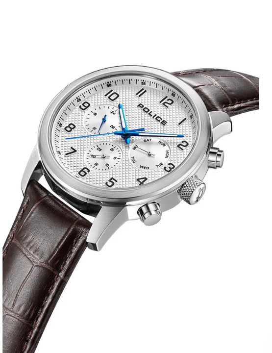 POLICE Raho Watch For Men White Dial And Brown Leather Strap