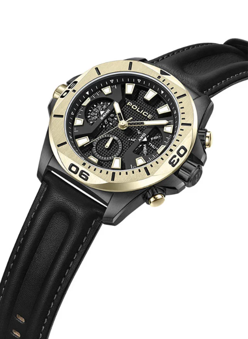 POLICE Electrical 46mm Men's Multifunction Watch with Black Leather Strap
