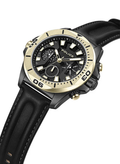 POLICE Electrical 46mm Men's Multifunction Watch with Black Leather Strap