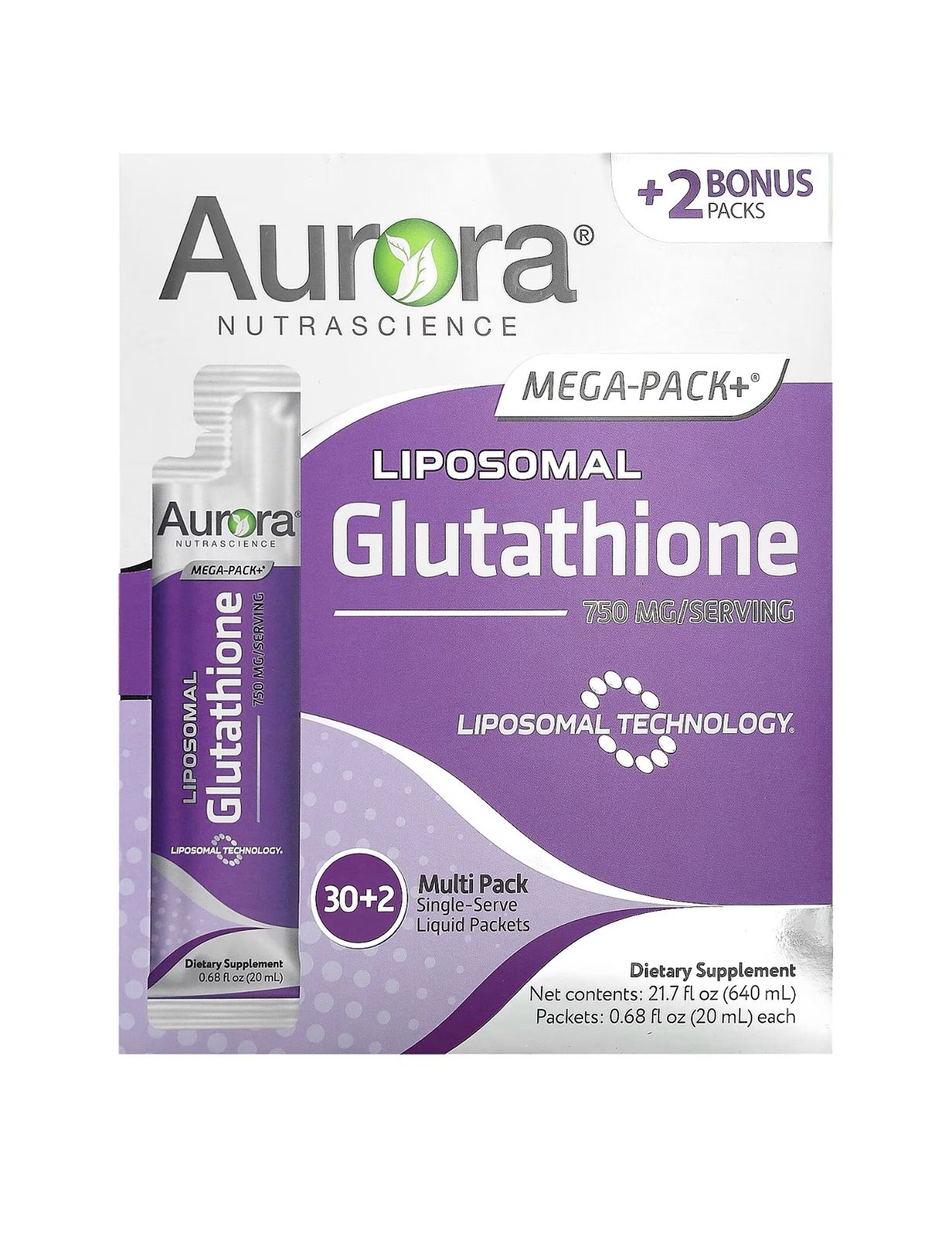 Aurora Nutra science Micro-Pack Liposomal Glutathione, Immune System Support, Antioxidant, 500 mg per Serving, 30 Single-Serve Packets, Gluten Free, Non-GMO, Sugar-Free, 10 fl oz (300mL)