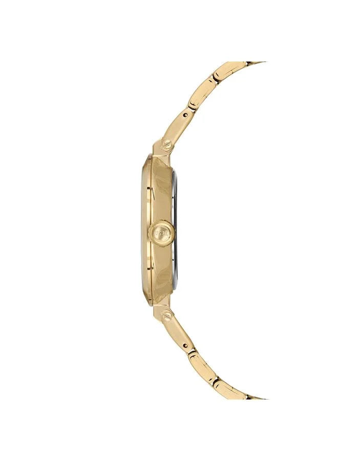 ساعة يو إس بولو نوفلتيز النسائية، مقاس 34 مم، بميناء ذهبي وسوار من الفولاذ المقاوم للصدأ 