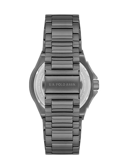 ساعة رجالية أساسية من مجموعة بولو الأمريكية، مقاس 42 مم، بميناء أخضر داكن وسوار من الفولاذ المقاوم للصدأ رمادي اللون 