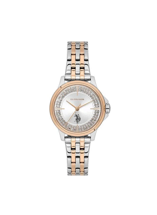 ساعة يو إس بولو أسن ستايل النسائية، ٣٠ مم، بميناء فضي وسوار من الفولاذ المقاوم للصدأ 