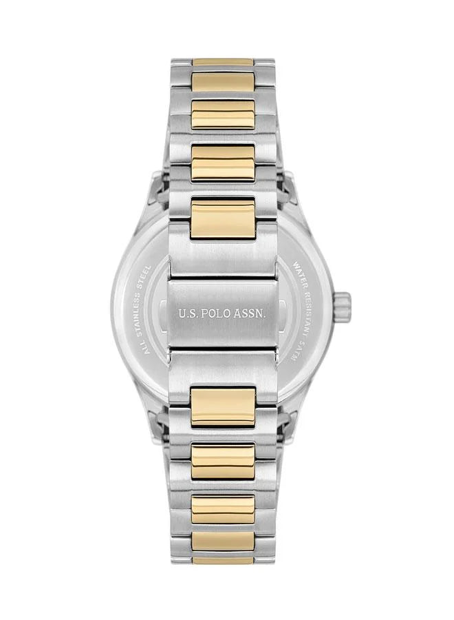 ساعة رجالية أساسية من جمعية بولو الأمريكية، مقاس 42 مم، بمينا أسود وسوار من الفولاذ المقاوم للصدأ ثنائي اللون