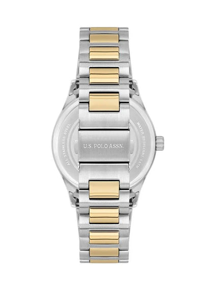 ساعة رجالية أساسية من جمعية بولو الأمريكية، مقاس 42 مم، بمينا أسود وسوار من الفولاذ المقاوم للصدأ ثنائي اللون