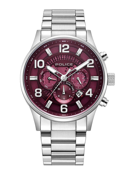 ساعة بوليس أديس للرجال بمينا عنابي وسوار فضي 