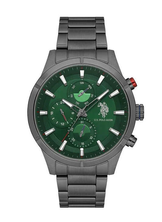 U.S. Polo Assn. Men's 46mm Stainless Steel Watch with Polished Green Dial & Brown Leather Strap