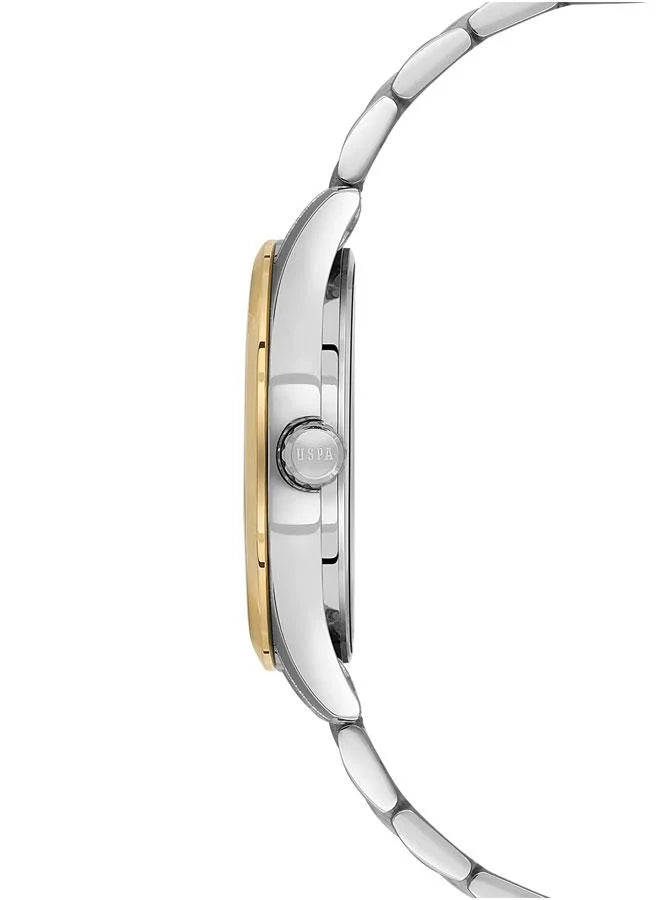 ساعة رجالية أساسية من جمعية بولو الأمريكية، مقاس 42 مم، بمينا أسود وسوار من الفولاذ المقاوم للصدأ ثنائي اللون