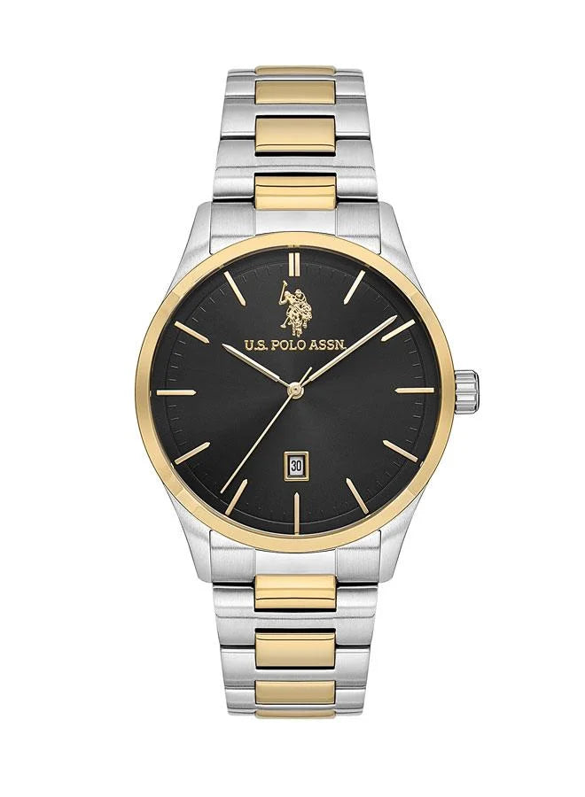 ساعة رجالية أساسية من جمعية بولو الأمريكية، مقاس 42 مم، بمينا أسود وسوار من الفولاذ المقاوم للصدأ ثنائي اللون