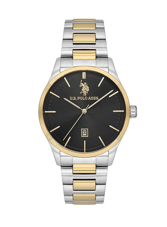 ساعة رجالية أساسية من جمعية بولو الأمريكية، مقاس 42 مم، بمينا أسود وسوار من الفولاذ المقاوم للصدأ ثنائي اللون