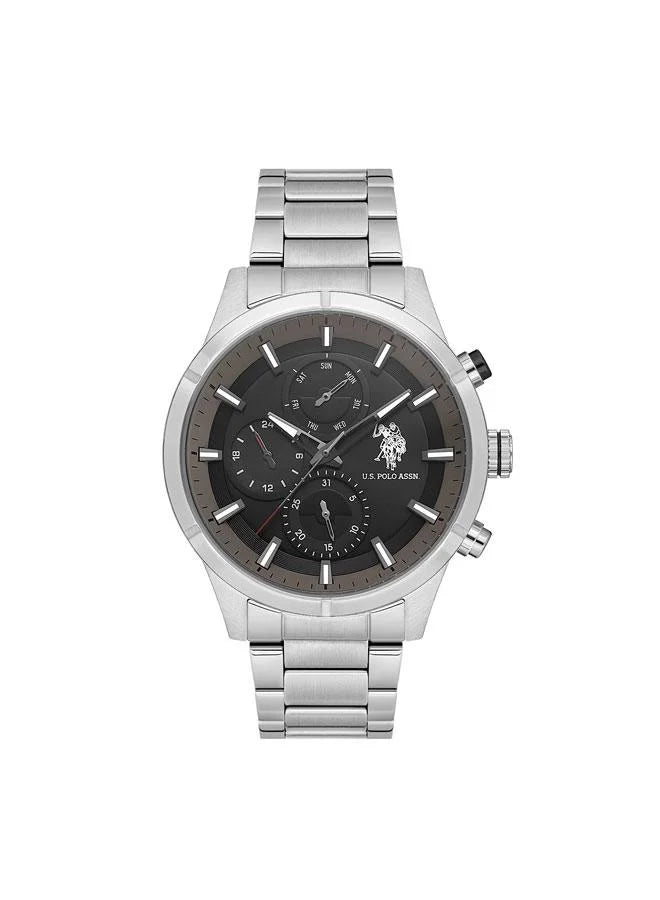 ساعة كروسينغ متعددة الوظائف للرجال من يو إس بولو أسن، مقاس 46 مم، بمينا أسود وسوار من الفولاذ المقاوم للصدأ 