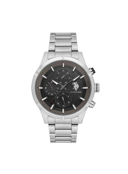 ساعة كروسينغ متعددة الوظائف للرجال من يو إس بولو أسن، مقاس 46 مم، بمينا أسود وسوار من الفولاذ المقاوم للصدأ 
