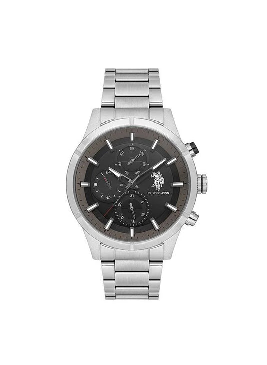 ساعة كروسينغ متعددة الوظائف للرجال من يو إس بولو أسن، مقاس 46 مم، بمينا أسود وسوار من الفولاذ المقاوم للصدأ 