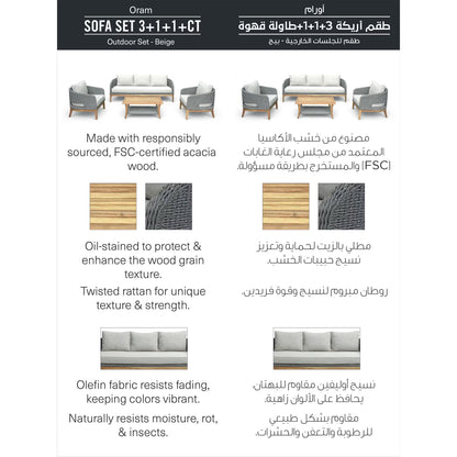 Ram outdoor sofa set 3+1+1+coffee table - beige